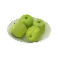 Apples Granny Smith on a plate sketch isolated transparent background 3d rendering
