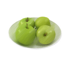 Apples Granny Smith on a plate sketch isolated transparent background 3d rendering
