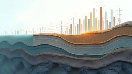 Obraz premium Sediment Layers Morphing into Data Analysis Chart Layers Rising from Base