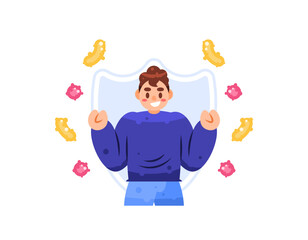 immune system concept. protection for the body from germs, viruses, or bacteria. illustration of a man who looks fresh and happy because he is healthy and protected from disease. flat style design