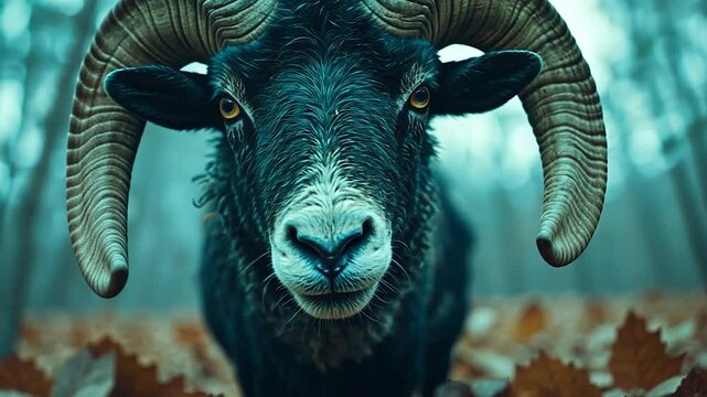 Powerful ram stares intensely, large curled horns in muted forest backdrop