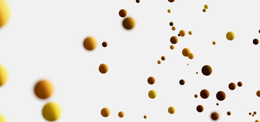 Golden and brown spheres floating on white. Abstract background.