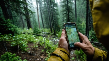 A person navigating a digital map on their smartphone while hiking through a forest