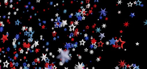 Red, white, and blue stars burst on black background. Perfect for Independence Day.