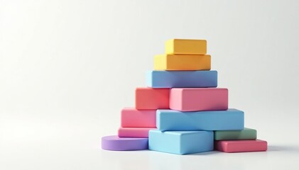 Floating stack of colorful blocks forming a pyramid on white, white background, creative