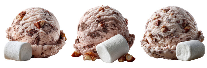 Scoop of rocky road ice cream with a small marshmallow beside isolated on transparent background