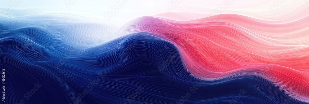 Poster delicate lines in blue and pink colors form undulating hills, creating a soothing abstract scene