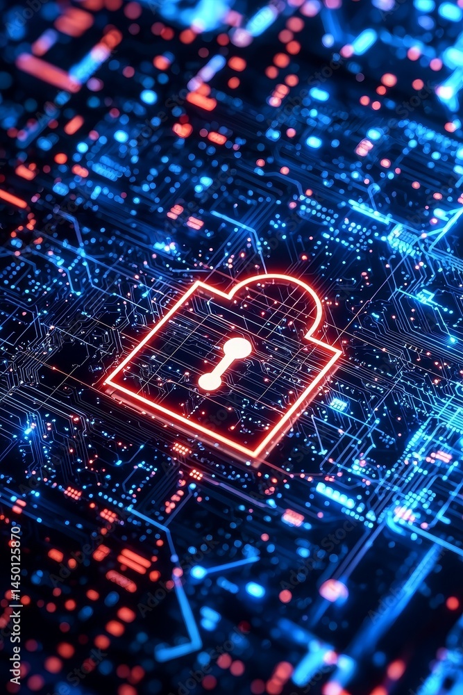 Poster digital lock symbol on a circuit board background with glowing connections. government technology cy