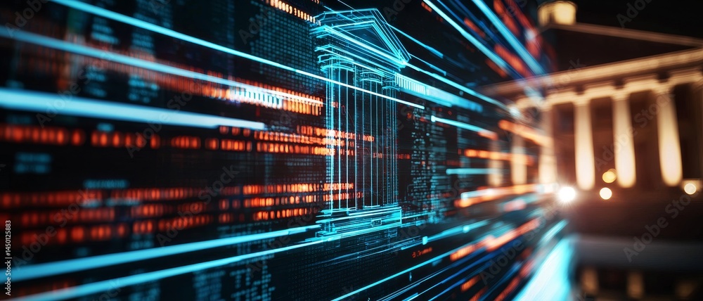 Aufkleber digital representation of a bank with dynamic data flow. government technology digital.