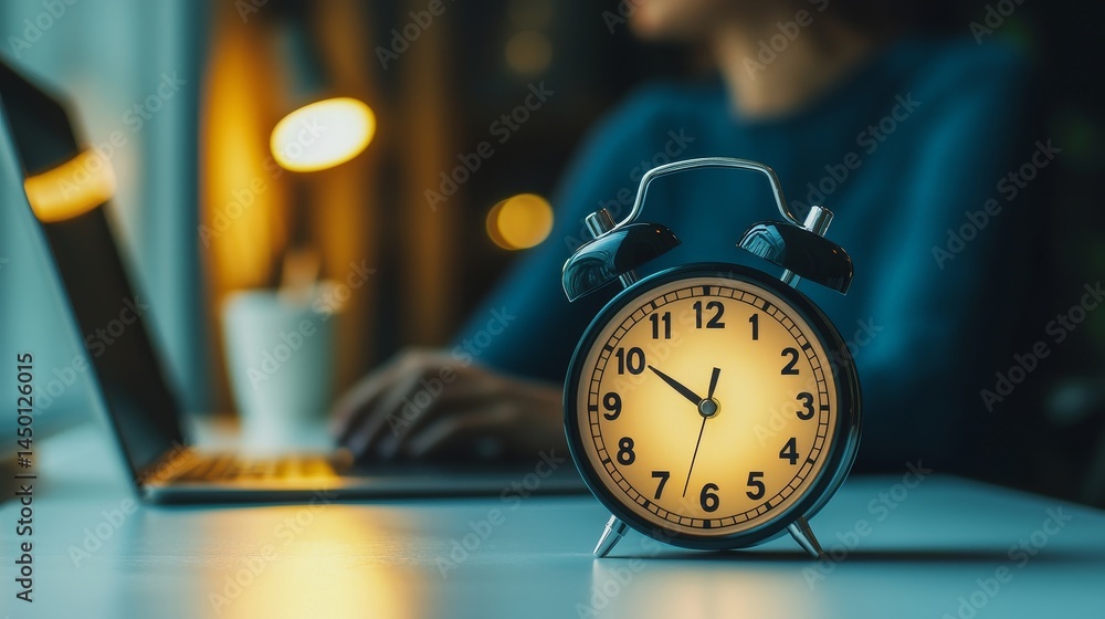 Poster clock on a desk with a person working on a laptop in the background. time management goal setting fo