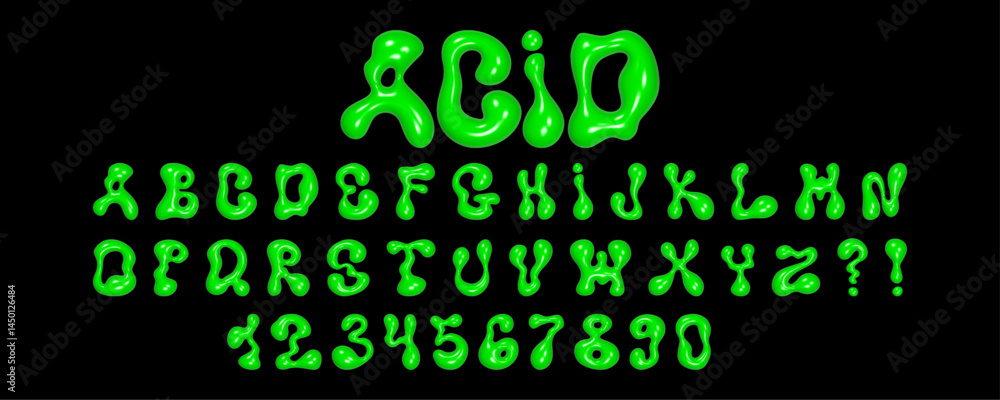 Poster wavy 3d font showcases liquid letters and numbers with a reflective glossy texture against a black b