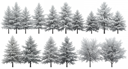 Dense Row of Snowy Pine Trees on a Transparent Background Winter Landscape