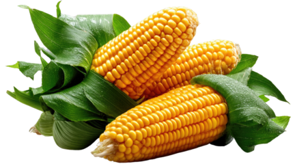 Golden Corn Harvest: Close-up shot of freshly picked corn on the cob, nestled amongst vibrant green leaves, showcasing nature's bounty and the essence of autumn harvest.