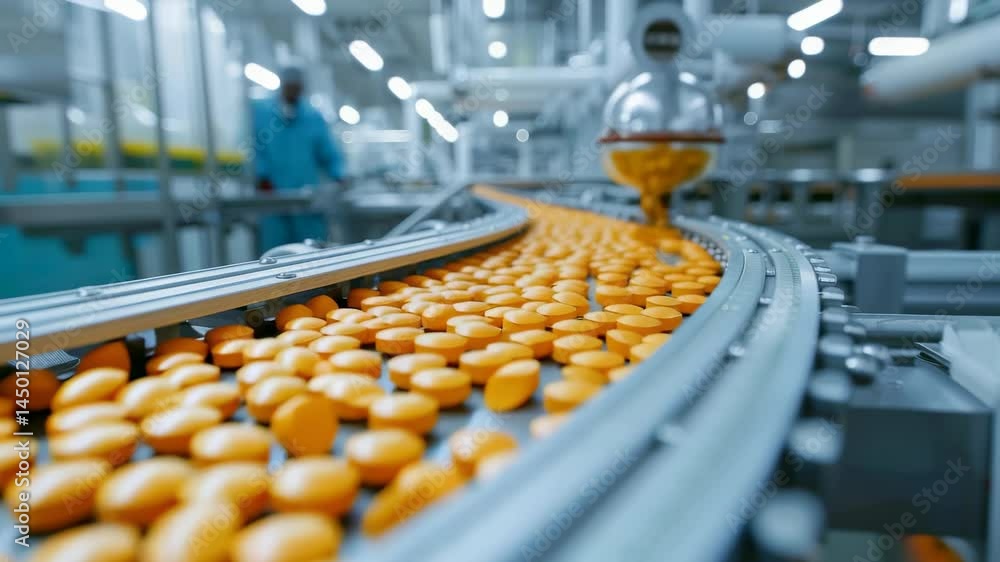 Poster The image captures rows of orange tablets moving along an automated conveyor belt in a clean, modern manufacturing facility. The focus highlights efficiency in medicine production, ensuring quality