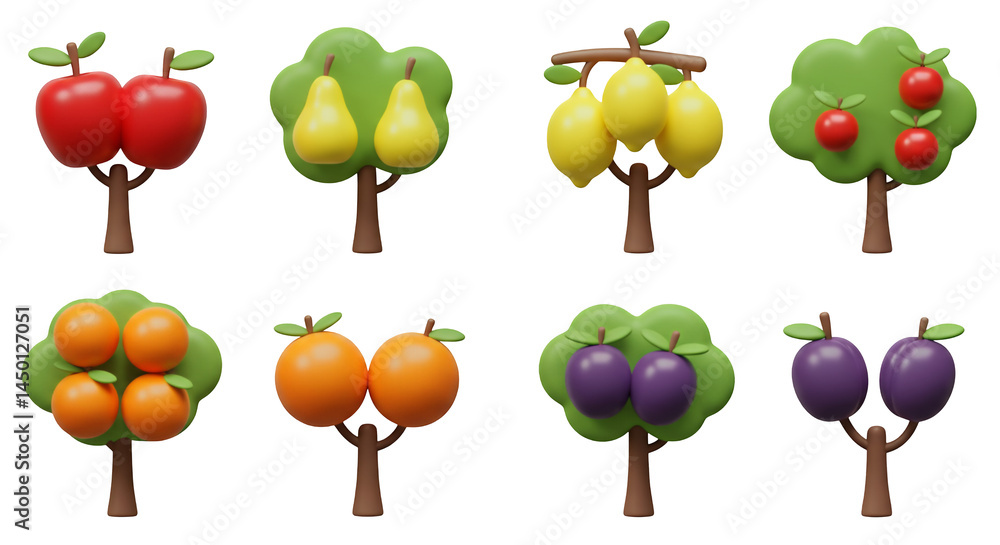Poster collection of 3d rendered fruit trees with apples pears lemons oranges and plums on transparent back