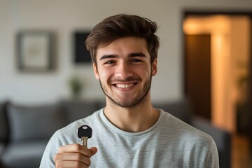 Happy Young Man Holding House Key New Homeowner Homeownership Real Estate