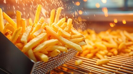 Crispy French Fries Sizzling in Deep Fryer at a Dynamic Fast Food Cafe - Tempting Golden Hue and Crunchy Texture Close Up