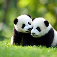 Fototapeta premium Playful panda cubs nestled together amidst lush green foliage in gentle sunlight