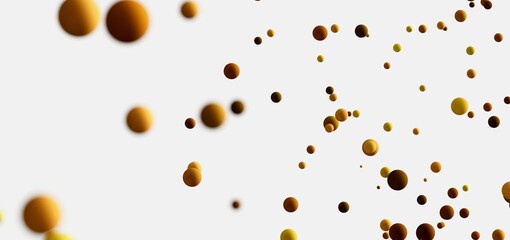 Floating golden spheres on white background. Abstract, modern, elegant.