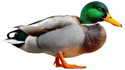 Obraz premium Mallard Duck in Profile: A striking side view of a mallard duck, showcasing its vibrant plumage and distinctive features. Observe the elegance of this waterfowl specimen in perfect condition.