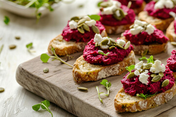 Appetizer mini bruschetta topped with feta, greens, beetroot hummus and seeds. Healthy plant-based appetizer.   