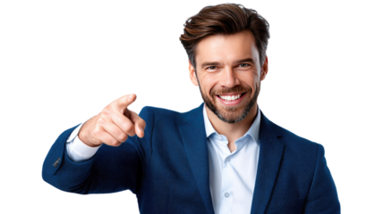 Confident and Driven: A charismatic man, dressed in a sharp blue suit and white shirt, beams a confident smile at the camera.