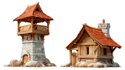Enchanting Structures in Wood and Stone: Captivating architectural renderings of a medieval-style tower and a quaint cottage with striking detail, evoking a sense of fantasy and wonder.