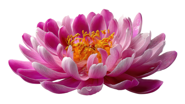 Blooming Chrysanthemum: A close-up view showcases a vibrant, radiant chrysanthemum in full bloom, its petals a gradient of magenta and white, revealing an intricate, golden heart