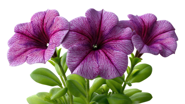 Vibrant Petunias: Three stunning petunia flowers in full bloom, their petals a rich blend of purple hues, stand against a contrasting background.