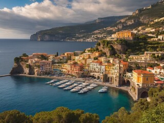 Fototapeta premium Coastal Town Serenity: A picturesque coastal town nestled along a serene blue bay, where colorful buildings cascade down to the waterfront, reflecting the warmth of a sunny day.
