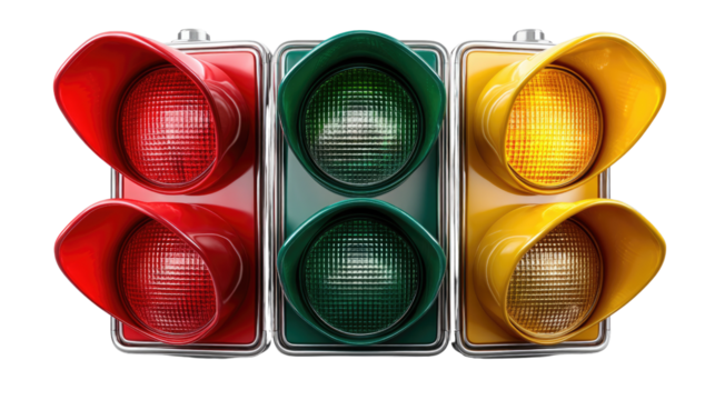 Traffic Signals: A close-up shot of a traffic signal, showing the red, green and yellow lights in vivid detail. the signal's bright hues serve as a clear indicator of guidance and regulation.
