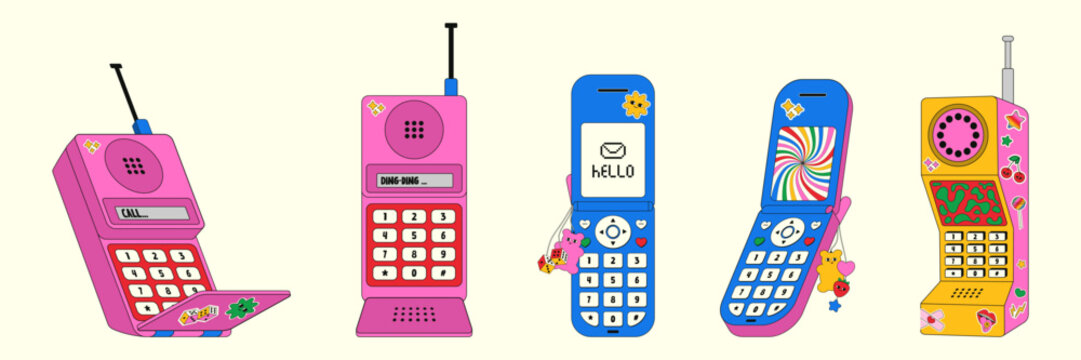 Set of various retro mobile phones covered in eye-catching stickers highlights unique designs and nostalgic charm, capturing the fun aesthetics prevalent in the 90s and early 2000s.