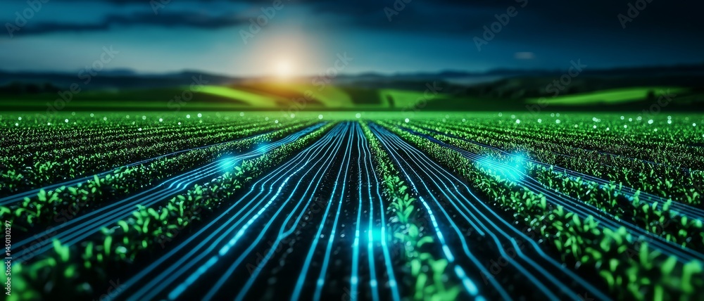 Poster futuristic field with glowing circuit patterns at sunrise. geospatial analytics geographic informati