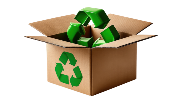 Box of Eco-friendliness: A sustainable cardboard box, adorned with the iconic recycle symbol, cradles a cluster of vibrant, green recycle arrows.