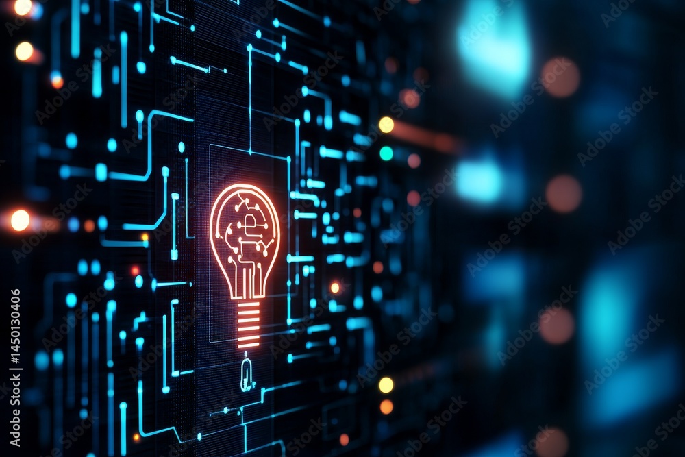 Aufkleber digital circuit board with a glowing light bulb icon representing innovation. education technology o