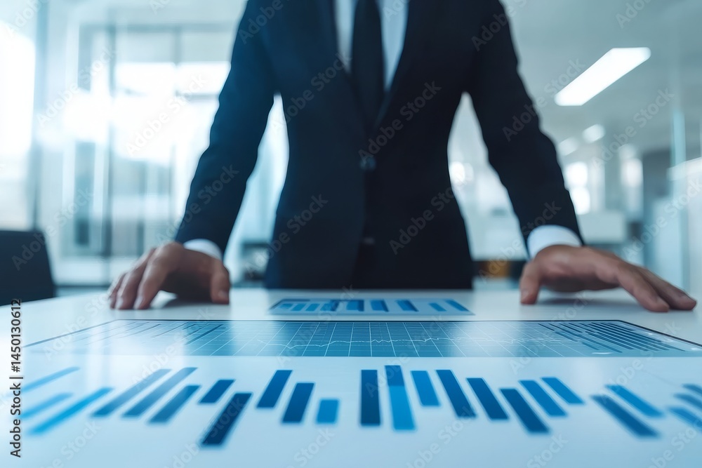 Poster business professional analyzing data on a touchscreen table. communication skills negotiation.