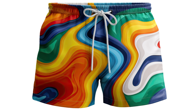 Vibrant Beachwear: A close-up view of eye-catching swim trunks with a bold, multicolored, abstract design, ready for a day of fun in the sun.