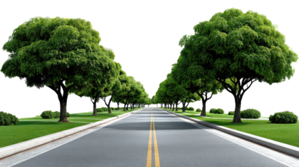 Road of Trees: A symmetrical road disappearing into the distance, lined with vibrant green trees, creating a sense of depth and tranquility. Evokes feelings of travel and exploration.