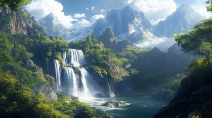 Fototapeta premium Majestic Waterfall Cascading Down Mountainous Landscape