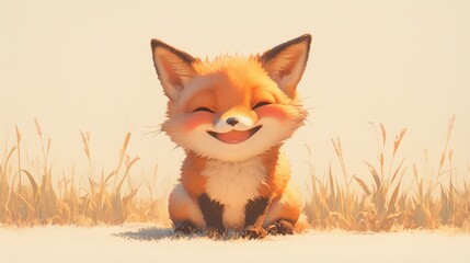 Obraz premium Adorable cartoon fox smiles broadly in a field, bathed in soft, warm light