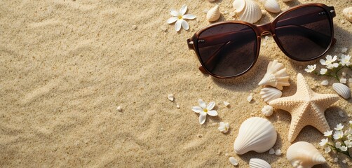 Sandy background with sunglasses and seashells