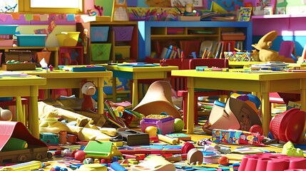 Colorful classroom filled with toys and mess.