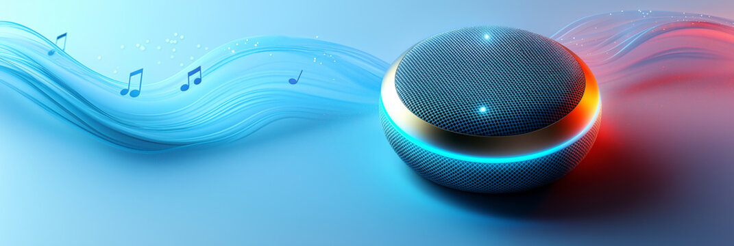 Bluetooth speaker for music  sound surround system and sound wave ,the white notes float on sound waves for banner,background and copy space.	