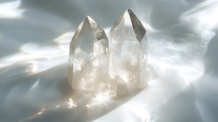 Obraz premium A macro view of Lemurian crystal mineral stone reflecting light on a bright white backdrop