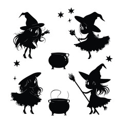 Silhouettes of Witches and Cauldrons in Circle