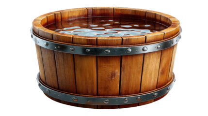 Wooden Water Barrel: Rustic wooden barrel filled with water, showing natural wood grain and metal bands.  Perfect for rustic, vintage, or spa themes. 