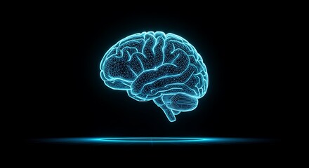 3d cute cartoon illustration, holographic wireframe brain illustration on black background, subject positioned at the bottom under dappled light with ample copy space at the top, ideal for science