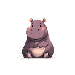 Fototapeta premium A cartoon hippo with a friendly smile sits patiently, its cute ears and pink cheeks adding to its charm against a plain white background.