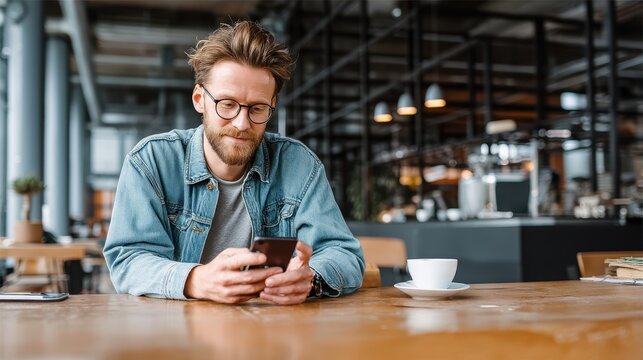 A young professional using a smartphone app to manage tasks and meetings, while enjoying a cup of coffee at a modern cafe