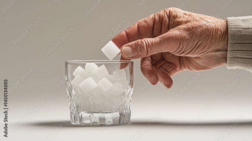 Poster elderly person adding sugar cube to glass, emphasizing health risks of sugar consumption and need fo